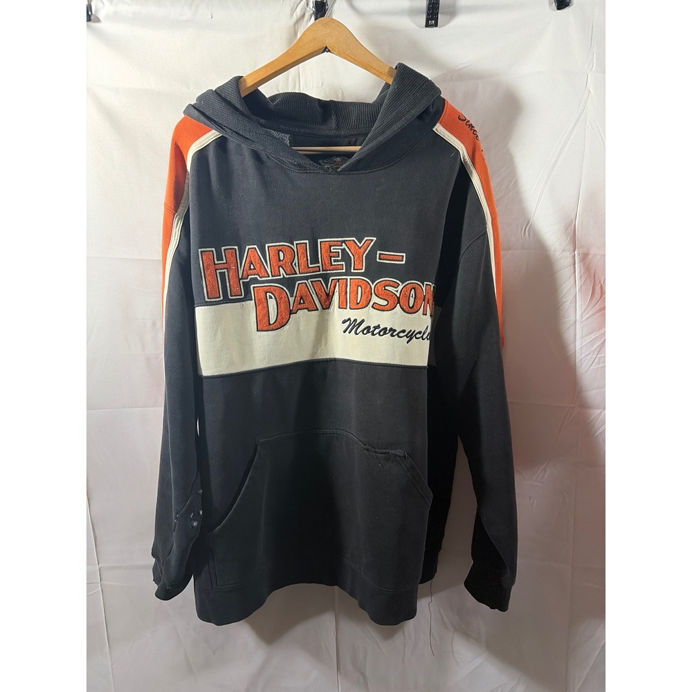 Harley Davidson Mens 2XL Hoodie Black Orange Distressed Biker Pullover